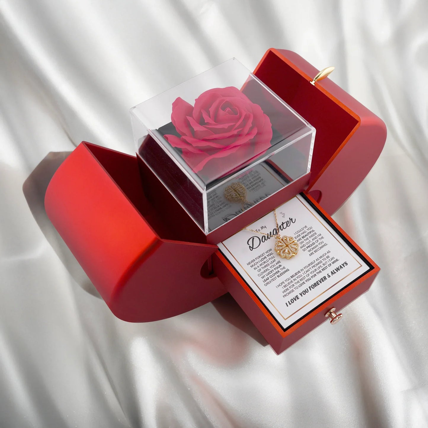 Datters firkløver "Lucky Charm"-halskæde og gaveæske med evig rose